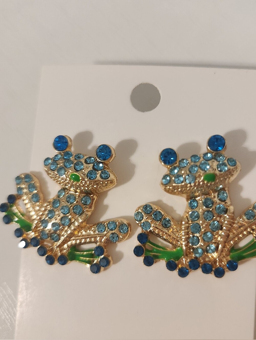 Gold-Tone Blue-Green Crystal Frog Stud Earrings